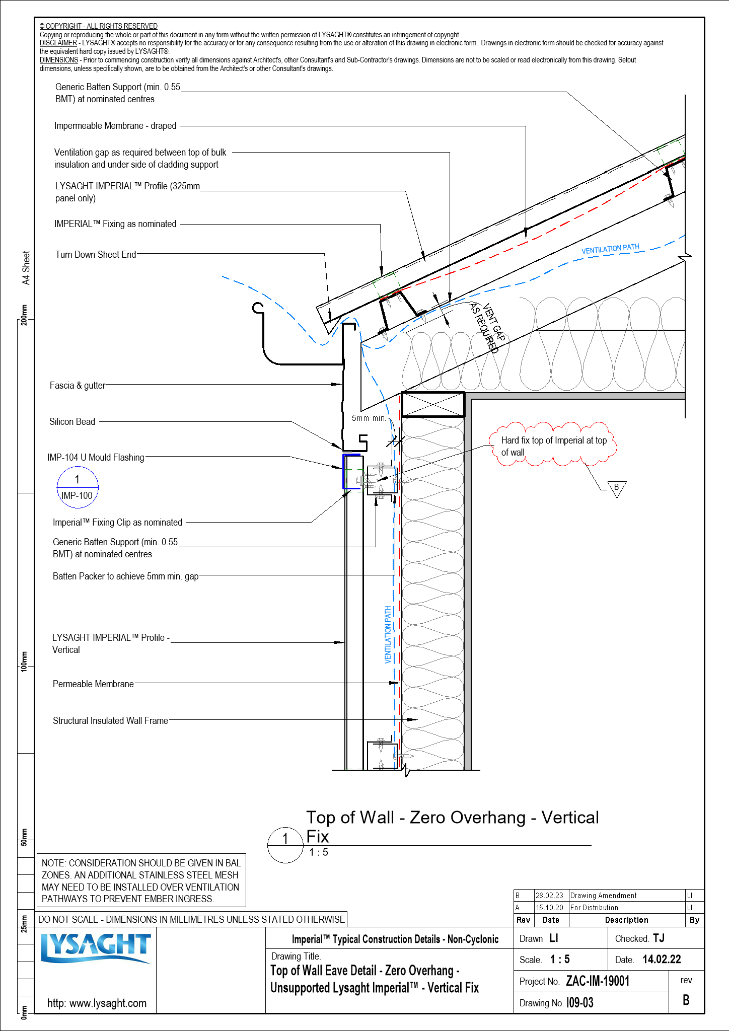I0903 Top of Wall Eave Detail Zero Overhang Unsupported Lysaght